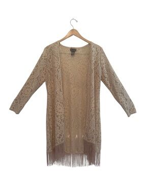 Questions Y2K Boho Lace Fringe Open Kimono Cardigan in Beige Sz Med EUC Resort